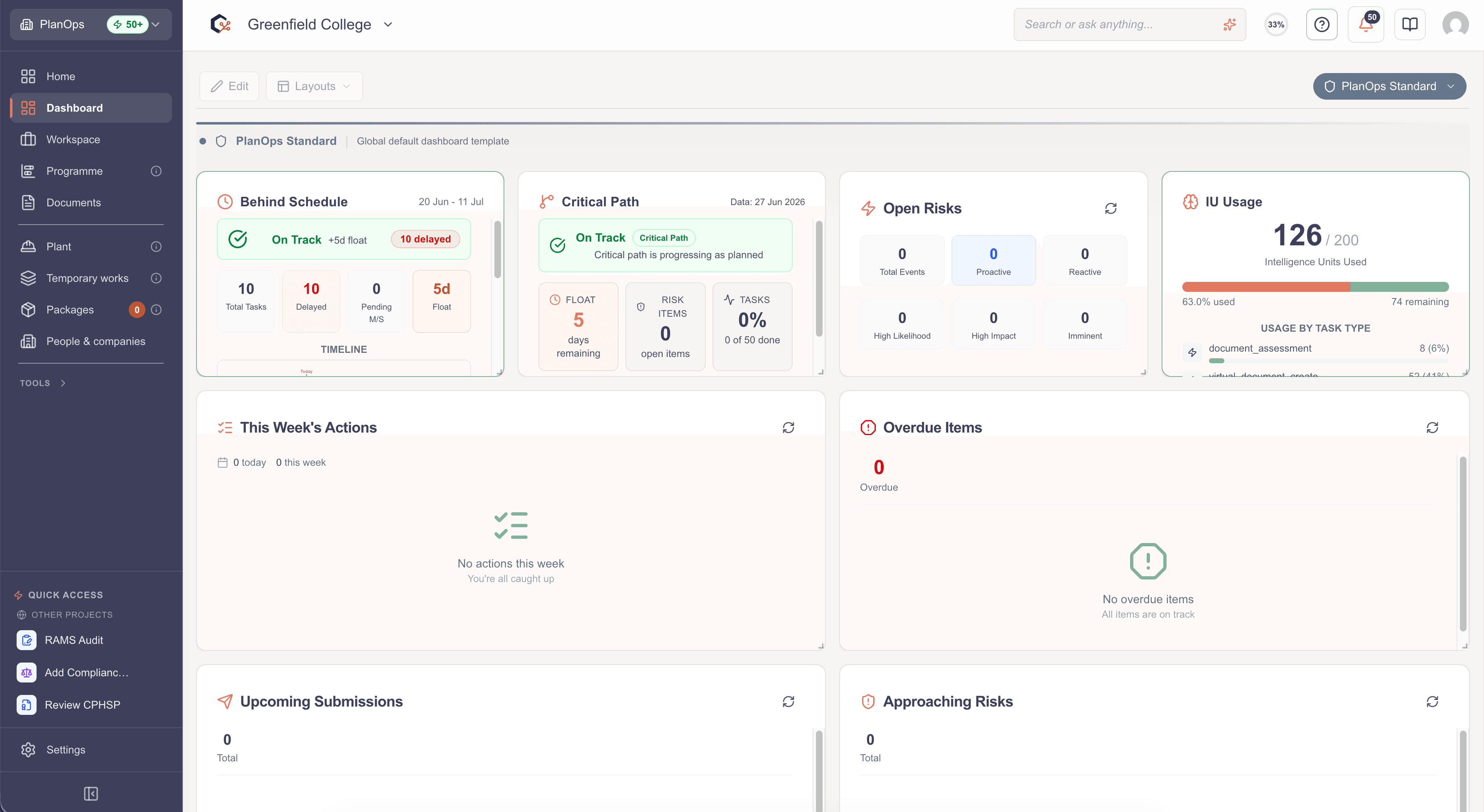 PlanOps Project Dashboard showing an active project with tasks, documents, and key metrics