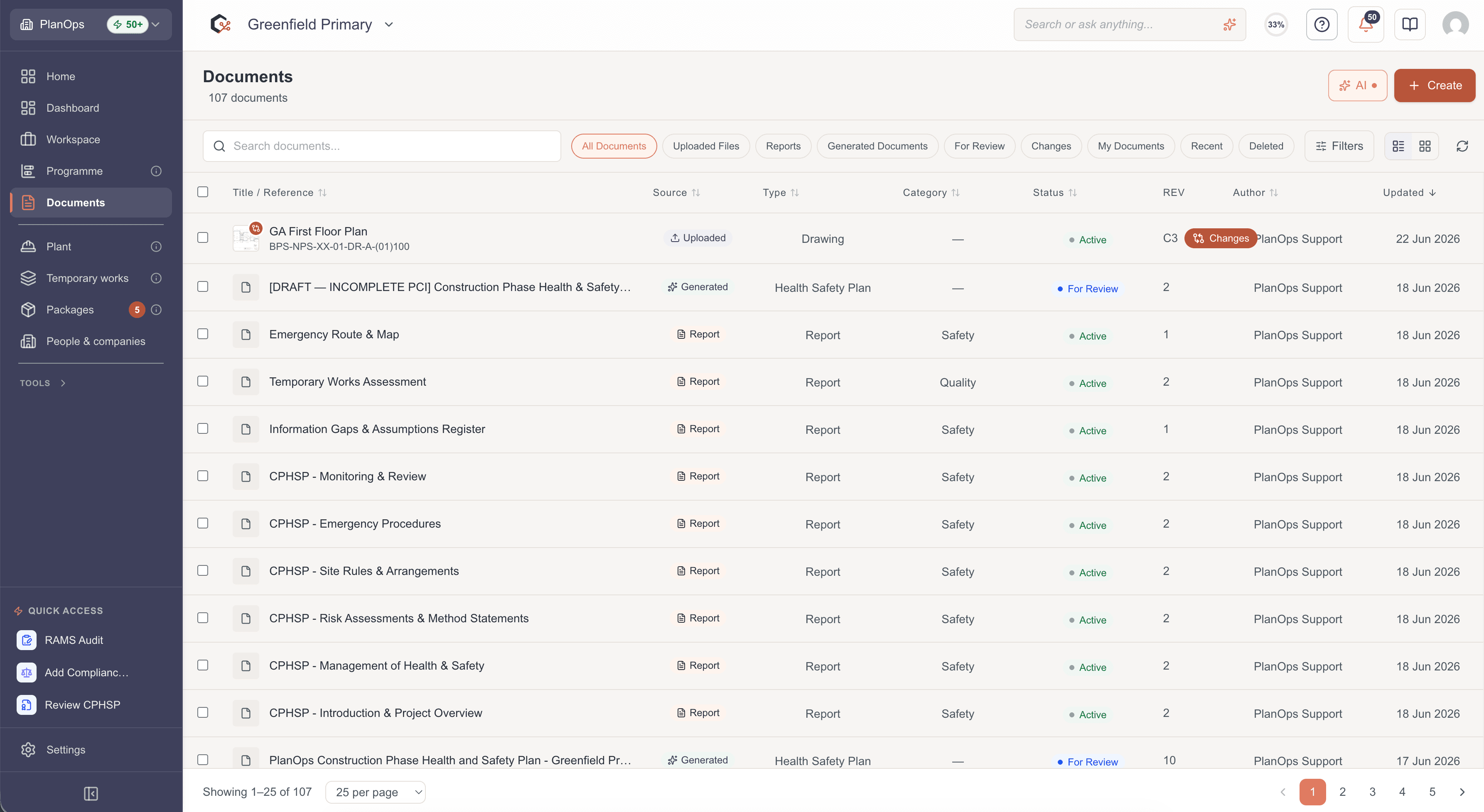 PlanOps Document Intelligence showing CDE integration, document reading, extraction, and comparison